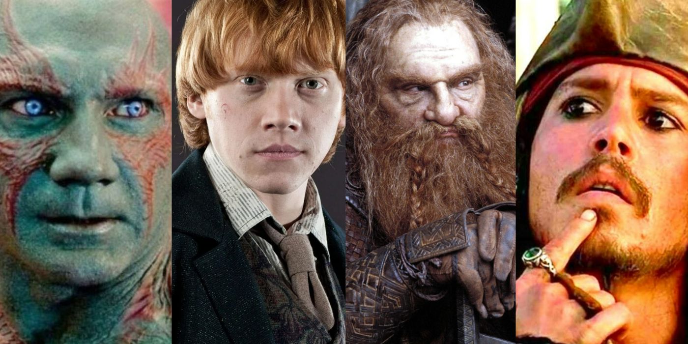 A quad-split image showing, from left to right, Drax, Ron Weasley, Gimli, and Jack Sparrow.
