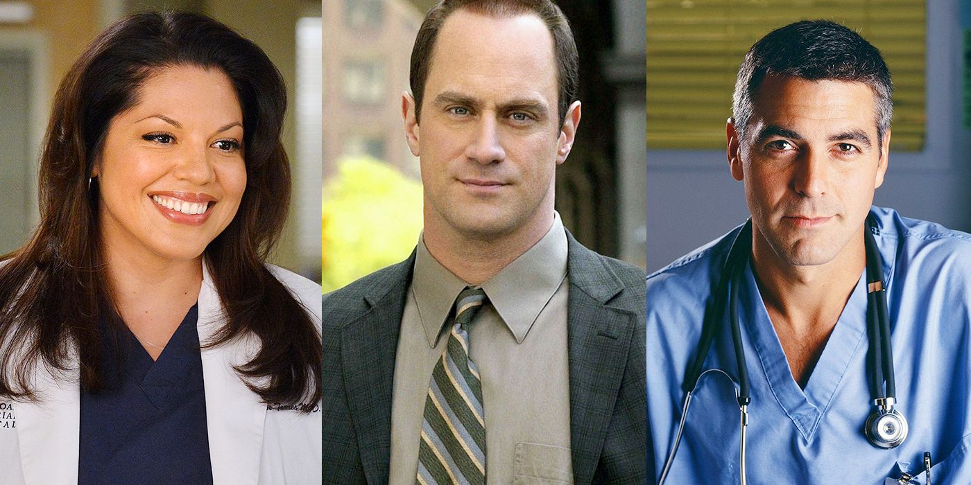 Split image of Callie Torres smiling, Elliot Stabler looking forward, and Doug Ross looking at the camera.