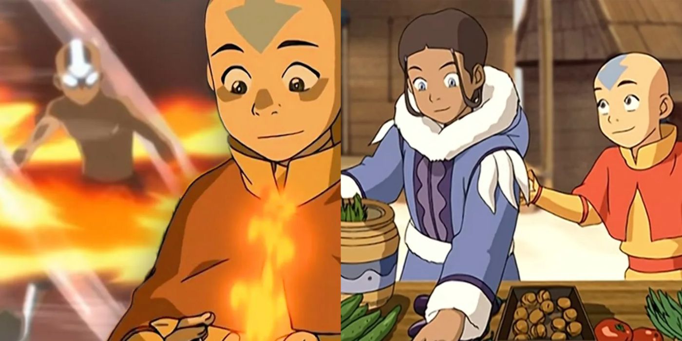Split image of Aang bending and Aang shopping with Katara in Avatar the Last Airbender. 