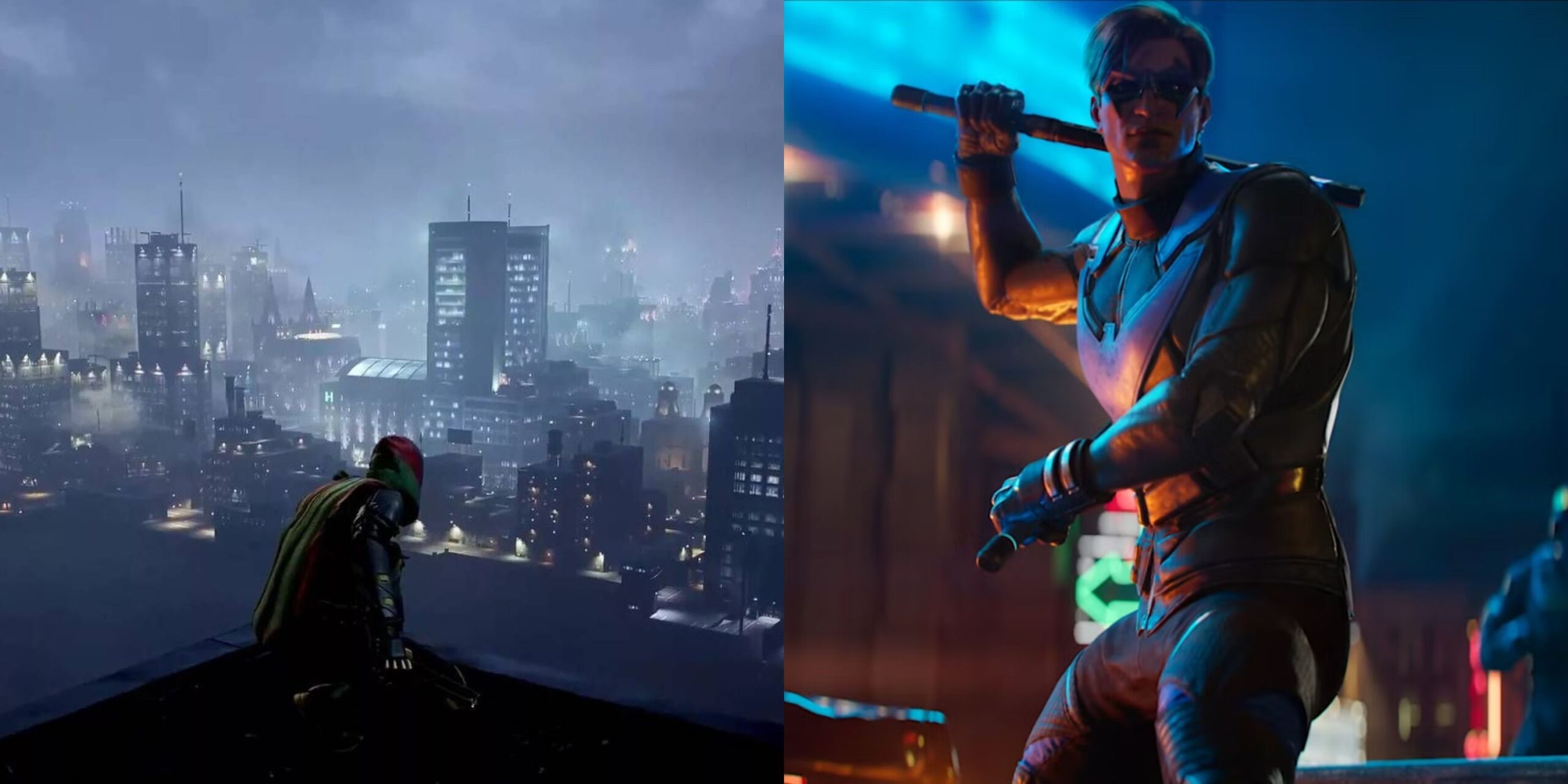 Featured image split Batgirl looking over Gotham and Nightwing wielding his baton in Gotham Knights