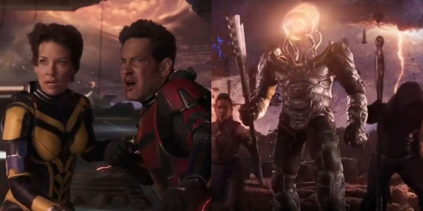 Split image of Hope, Scott, and MODOK in Ant-Man and the Wasp Quantumania