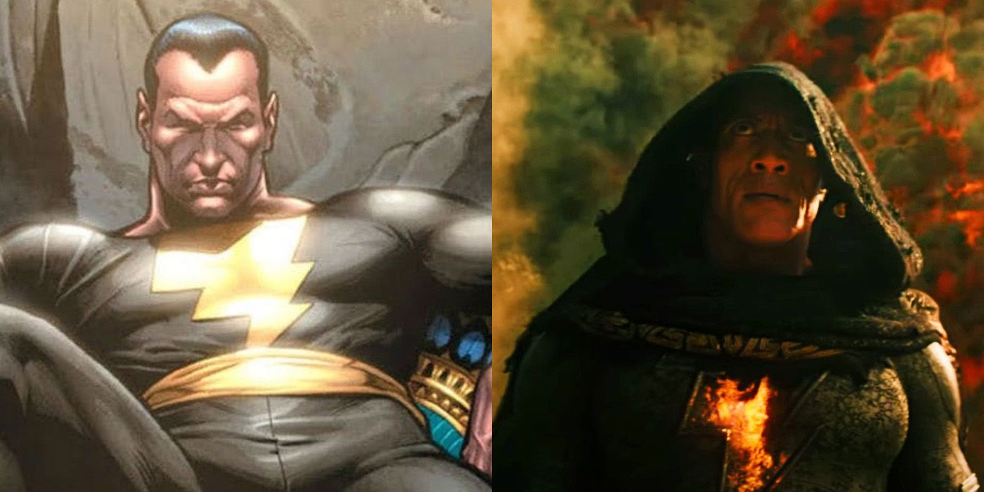 A split screen of Black Adam from comics and movie