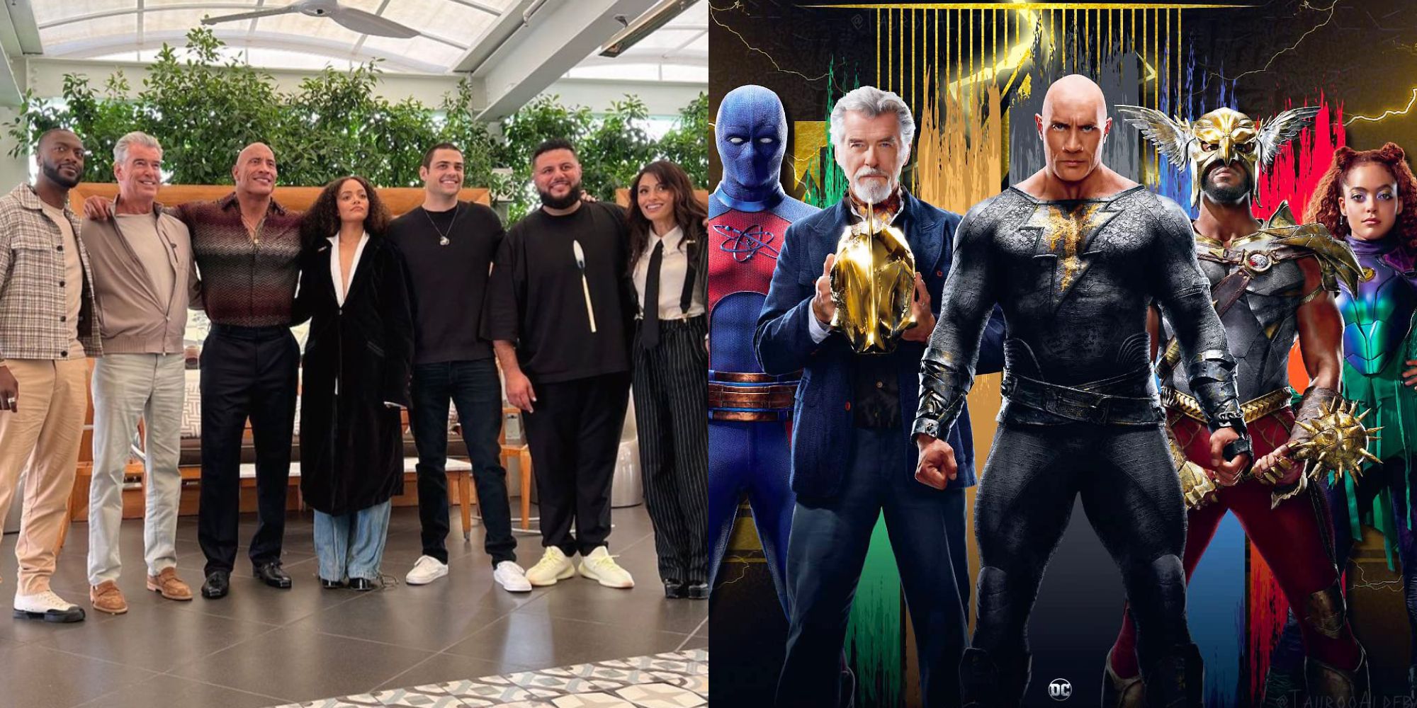 The cast of Black Adam taken from Instagram and a poster for the movie