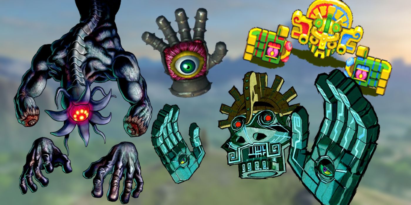 A collage of the giant hand bosses in various Zelda games.