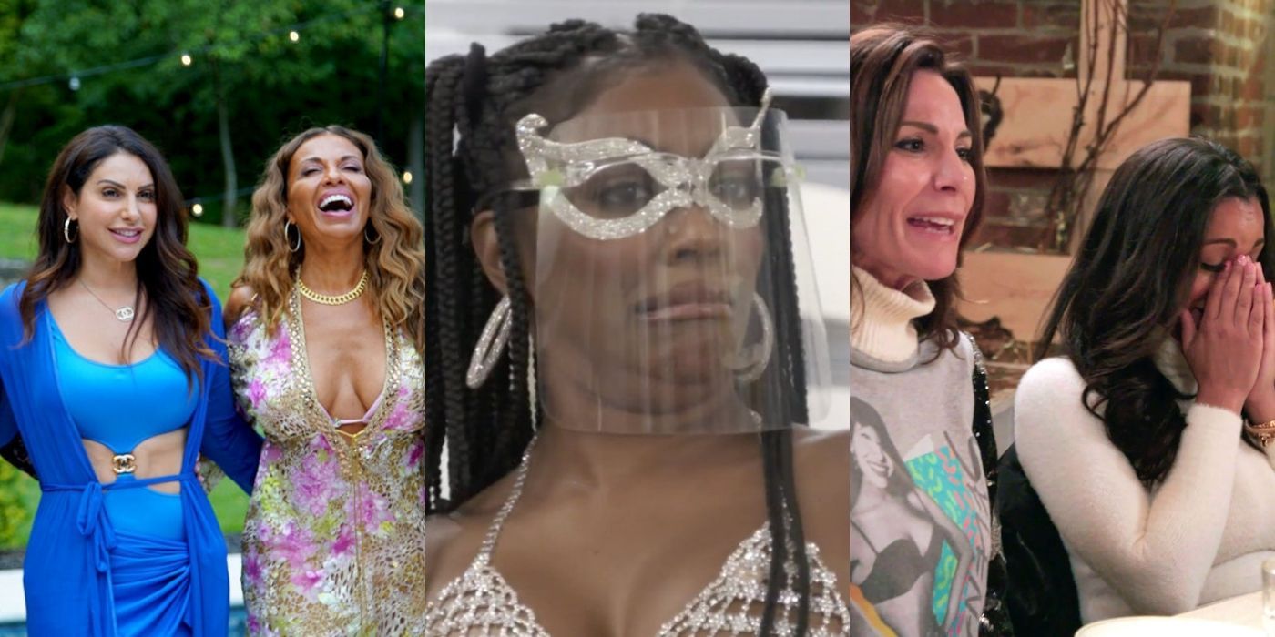 A split image of Jen and Dolores from RHONJ, Porsha from RHOA, and Luann and Eboni from RHONY - all smiling and having fun