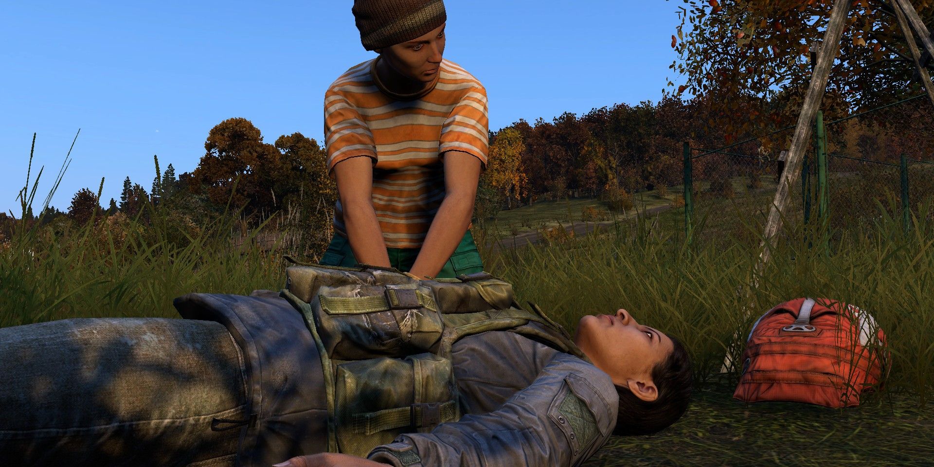 One player trying to revive another in DayZ