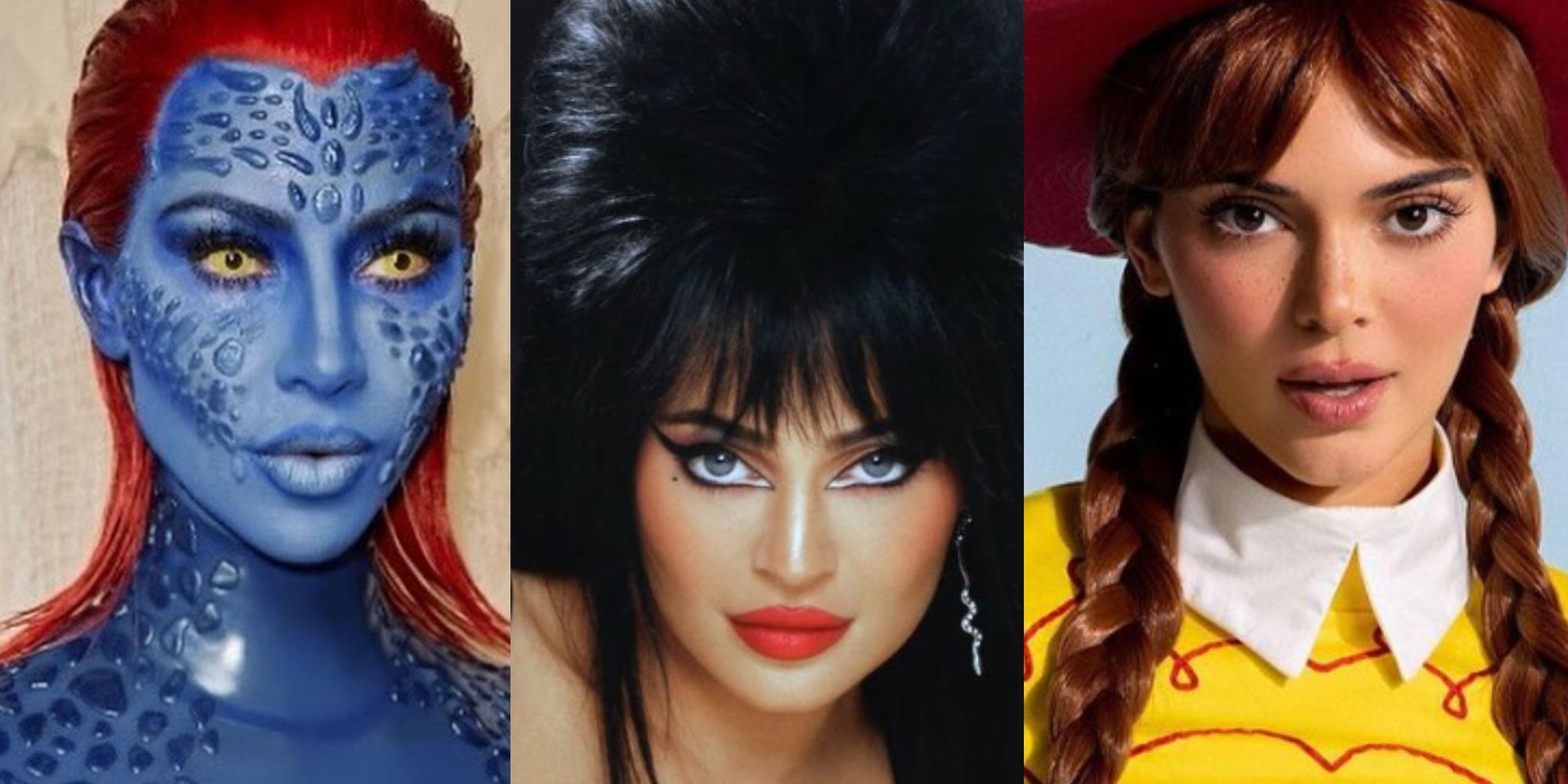 Three images of Kim Kardashian, Kylie Jenner, and Kendall Jenner in their 2022 Halloween Costumes