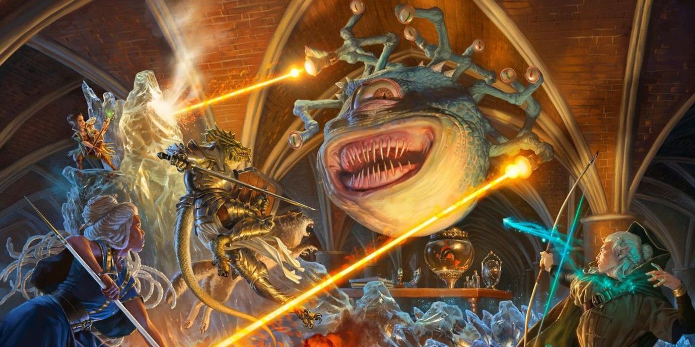 A D&D party attacks a Beholder in an underground chamber.