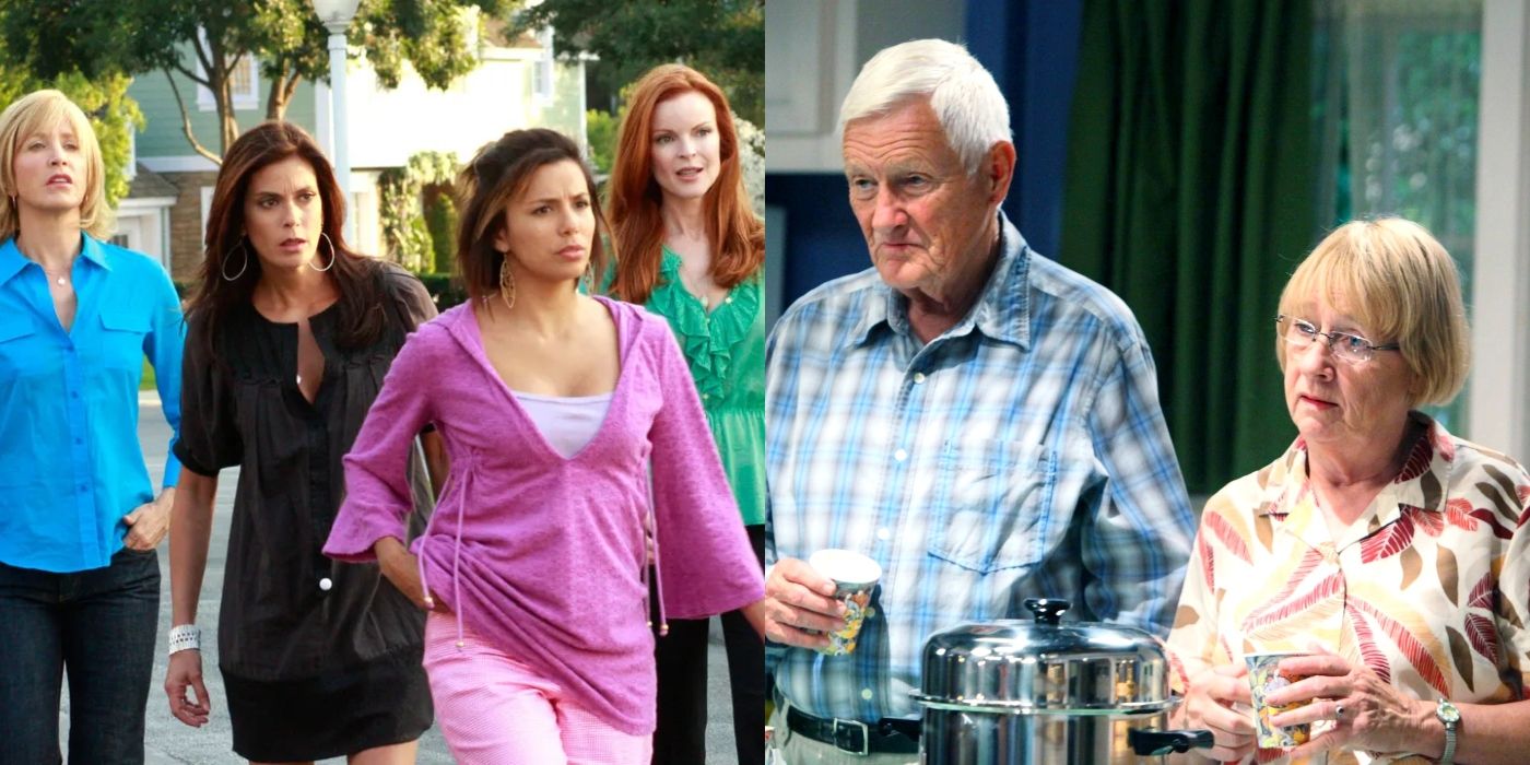 Split image of Lynette, Susan, Gaby, Bree and Gilbert and Karen McCluskey on Desperate Housewives