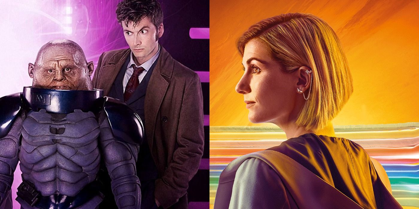 Split image of The Tenth Doctor, Martha and Donna and a Sontaran, and the Thirteenth Doctor from Doctor Who