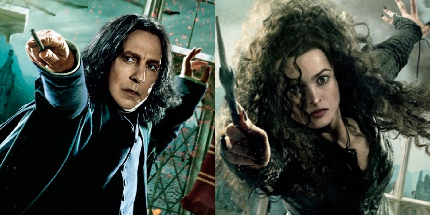 Snape and Bellatrix Lestrange brandish their wands against an unseen threat.