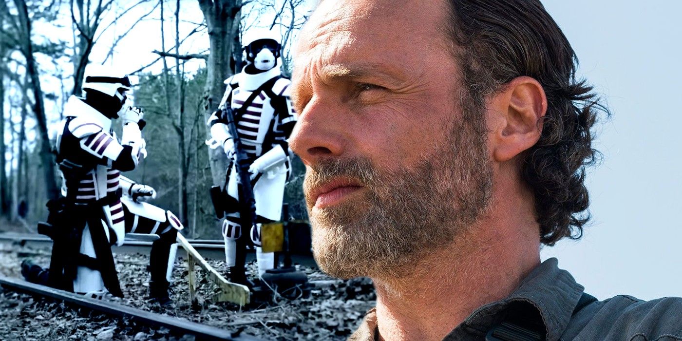 Commonwealth soldiers and Andrew Lincoln as Rick Grimes in Walking Dead
