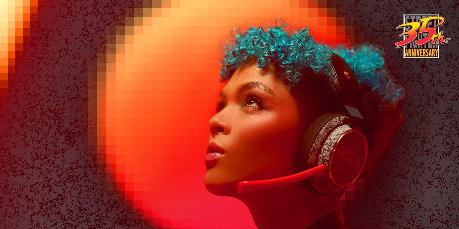 A model with short blue hair is wearing Skullcandy's Exclusive Street Fighter 2 gaming headset while a logo in the top right corner says