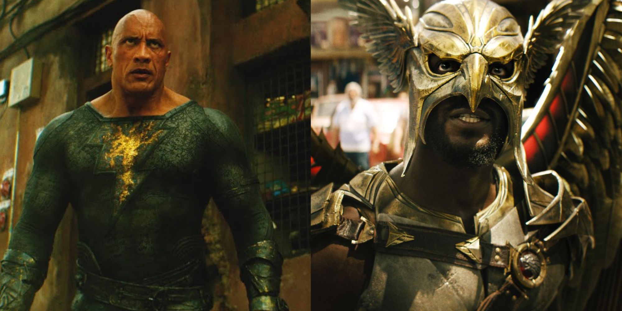 Split images of Black Adam and Hawkman