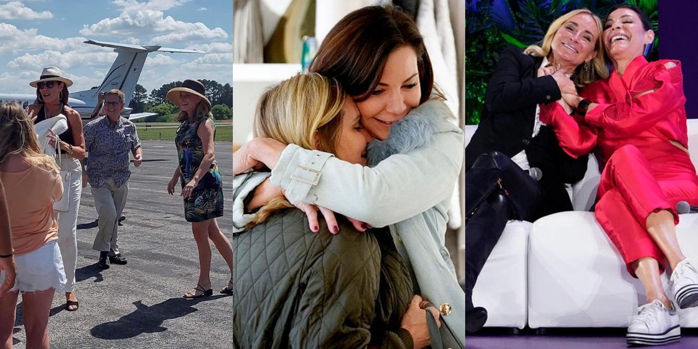 Three split images of Lunn and Sonja hugging and filming new show from rhony