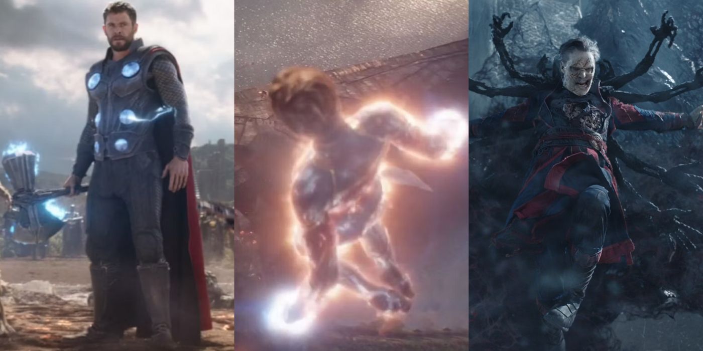 Split image of Avengers Infinity War, Avengers Endgame, and Doctor Strange in the Multiverse of Madness