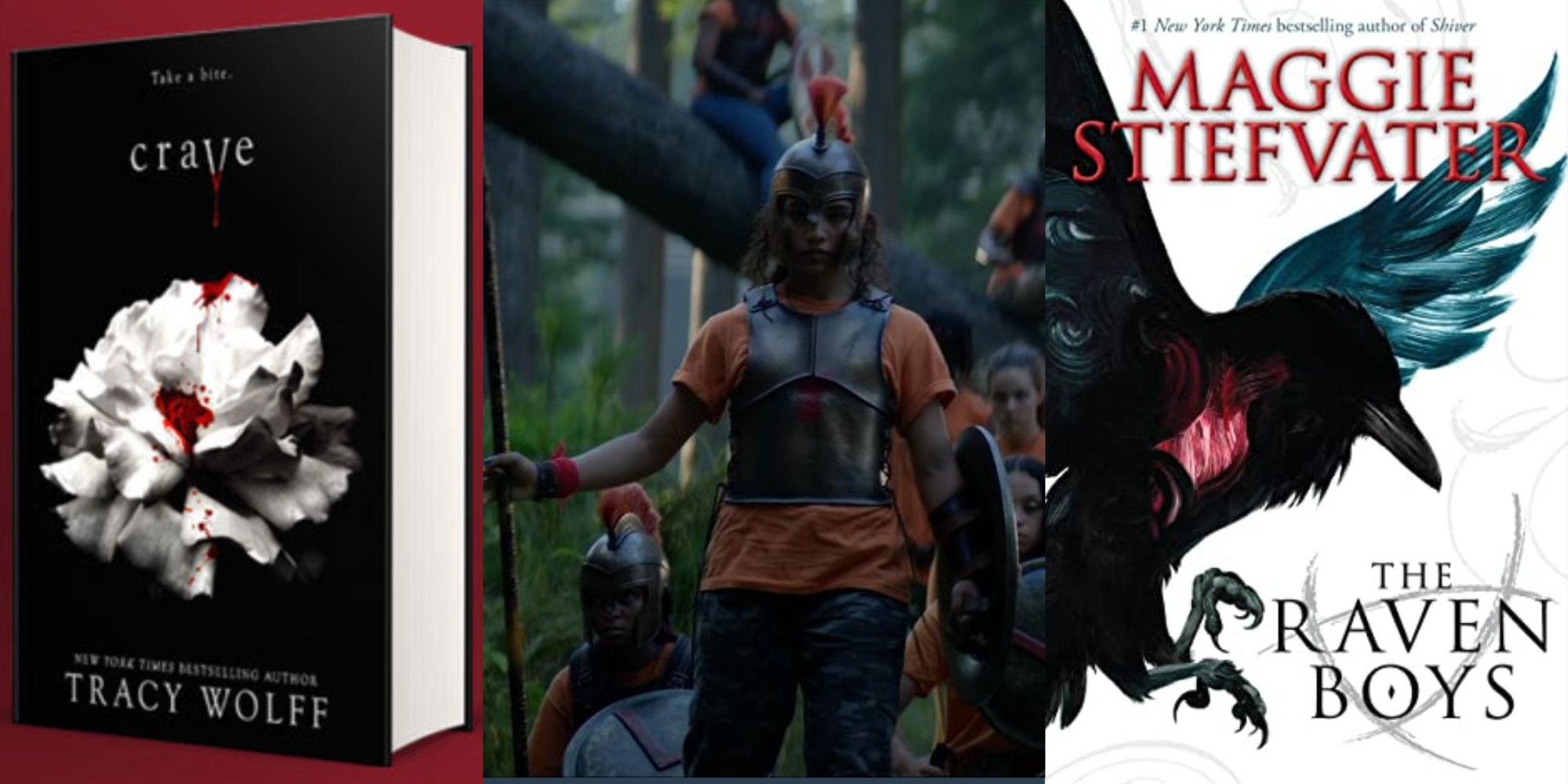 Split Image of Tracy Wolff's Crave, a scene from the new Percy Jackson trailer, and The Raven Boys by Maggie Stiefvater