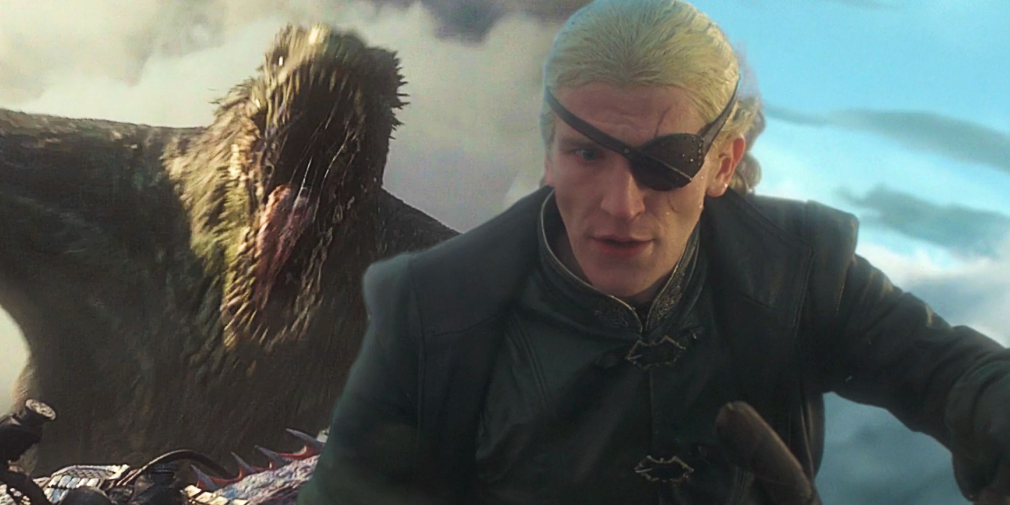 Vhagar the dragon and Ewan Mitchell as Aemond Targaryen in House of the Dragon season 1 finale