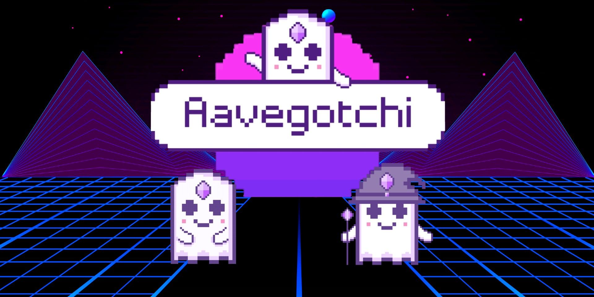 Aavegotchi logo with two Gotchi pets below, on digital landscape background