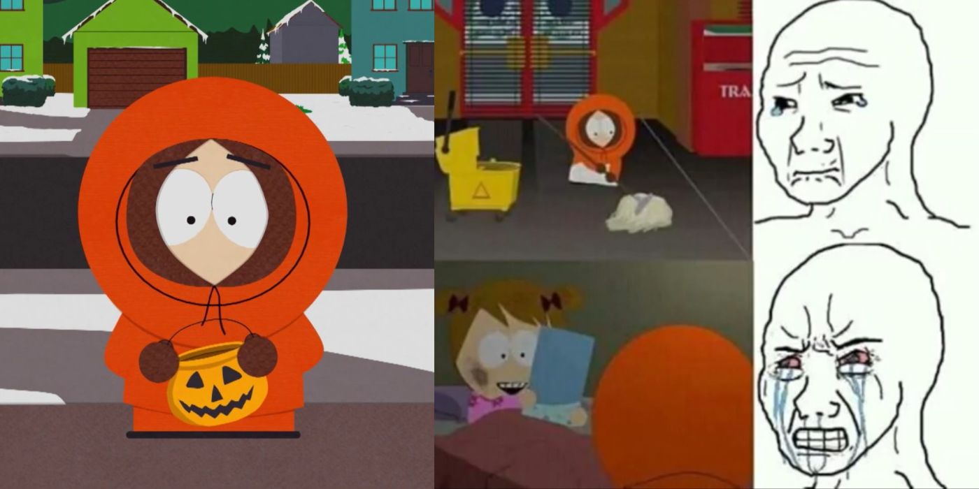 Split image of Kenny from South Park holding a trick-or-treat pail and a meme of Kenny mopping floors to buy a doll