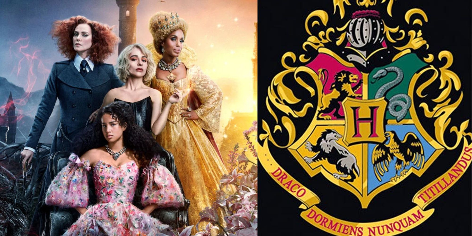 Split Image of The School for Good and Evil promo poster and the Hogwarts crest