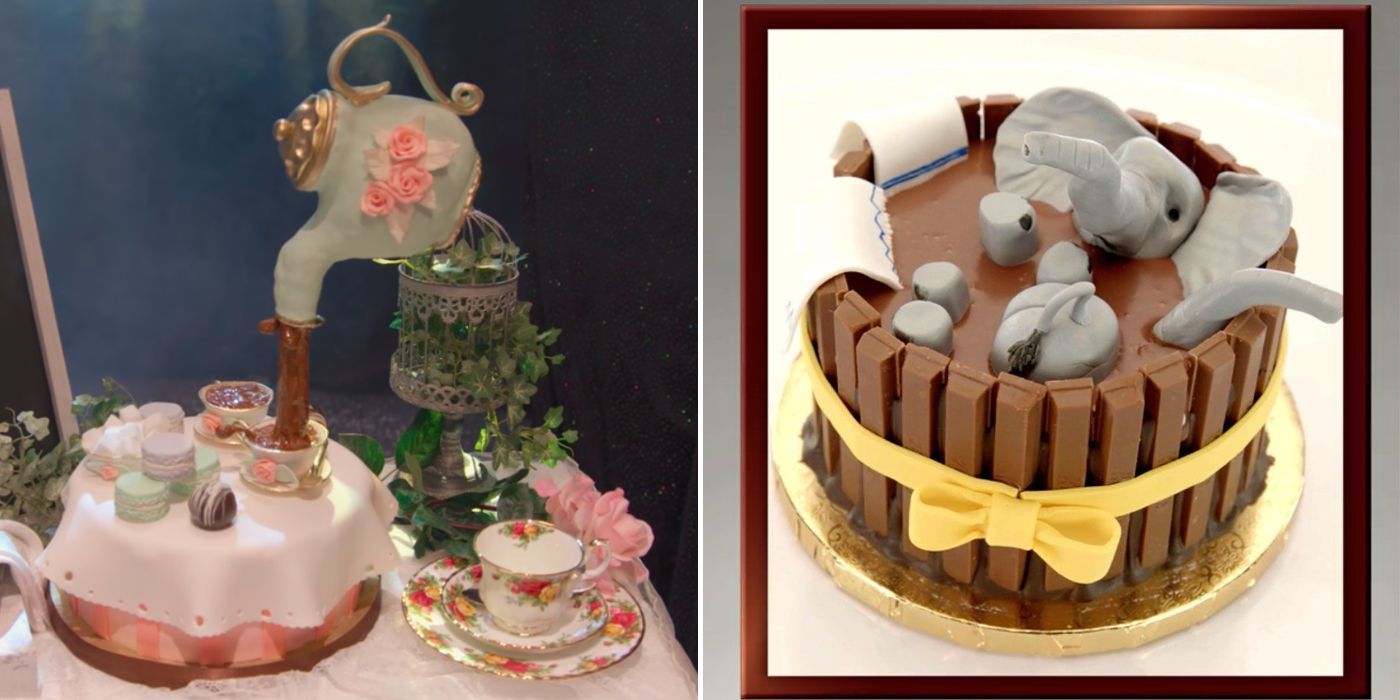 Split Screen of High Tea Cake an Mud Bath Cake From Nailed It