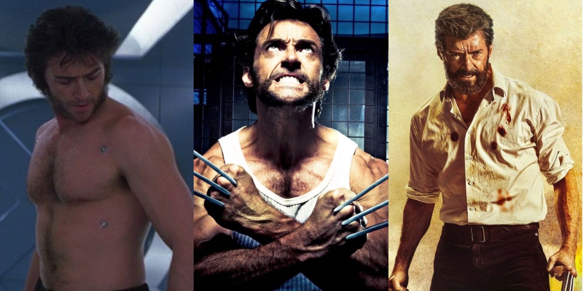 Split image of High Jackman as Wolverine in X Men X Men Origins Wolverine and Logan