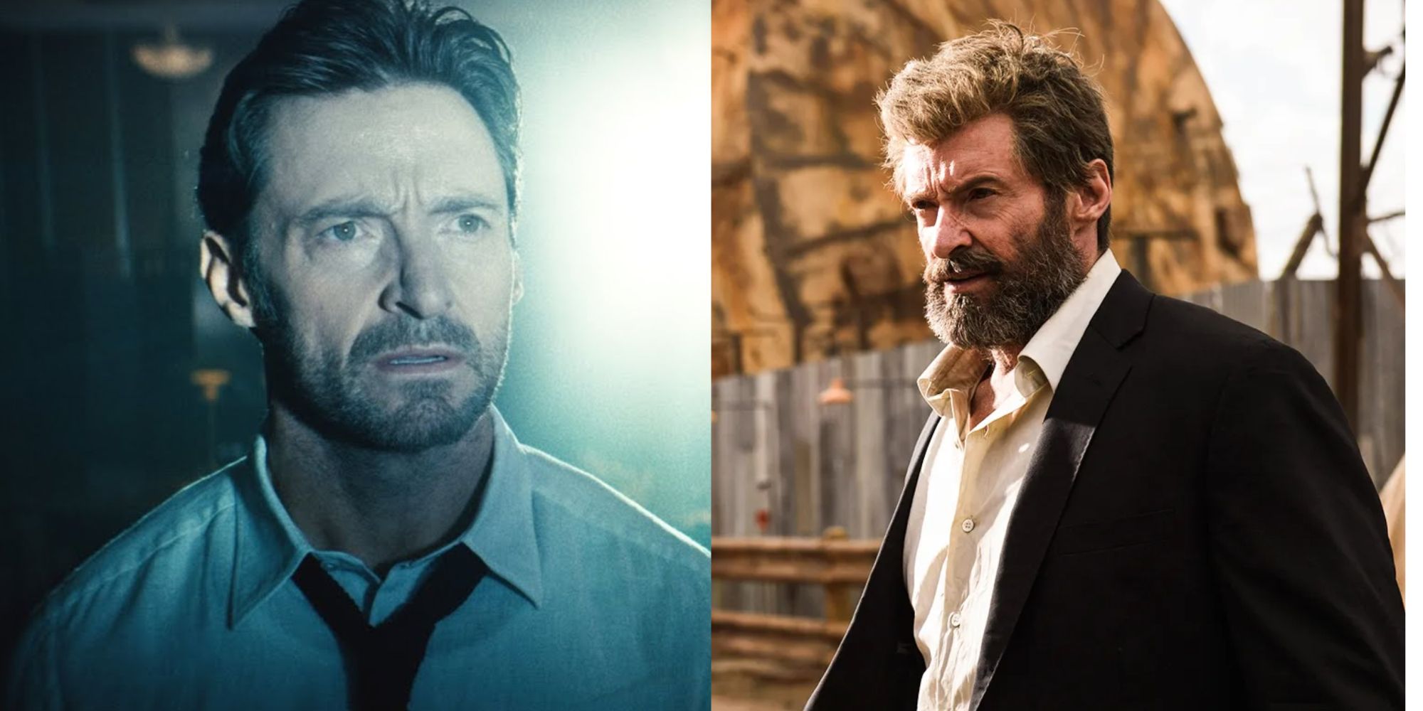 Split image of Hugh Jackman in Reminiscence and Logan