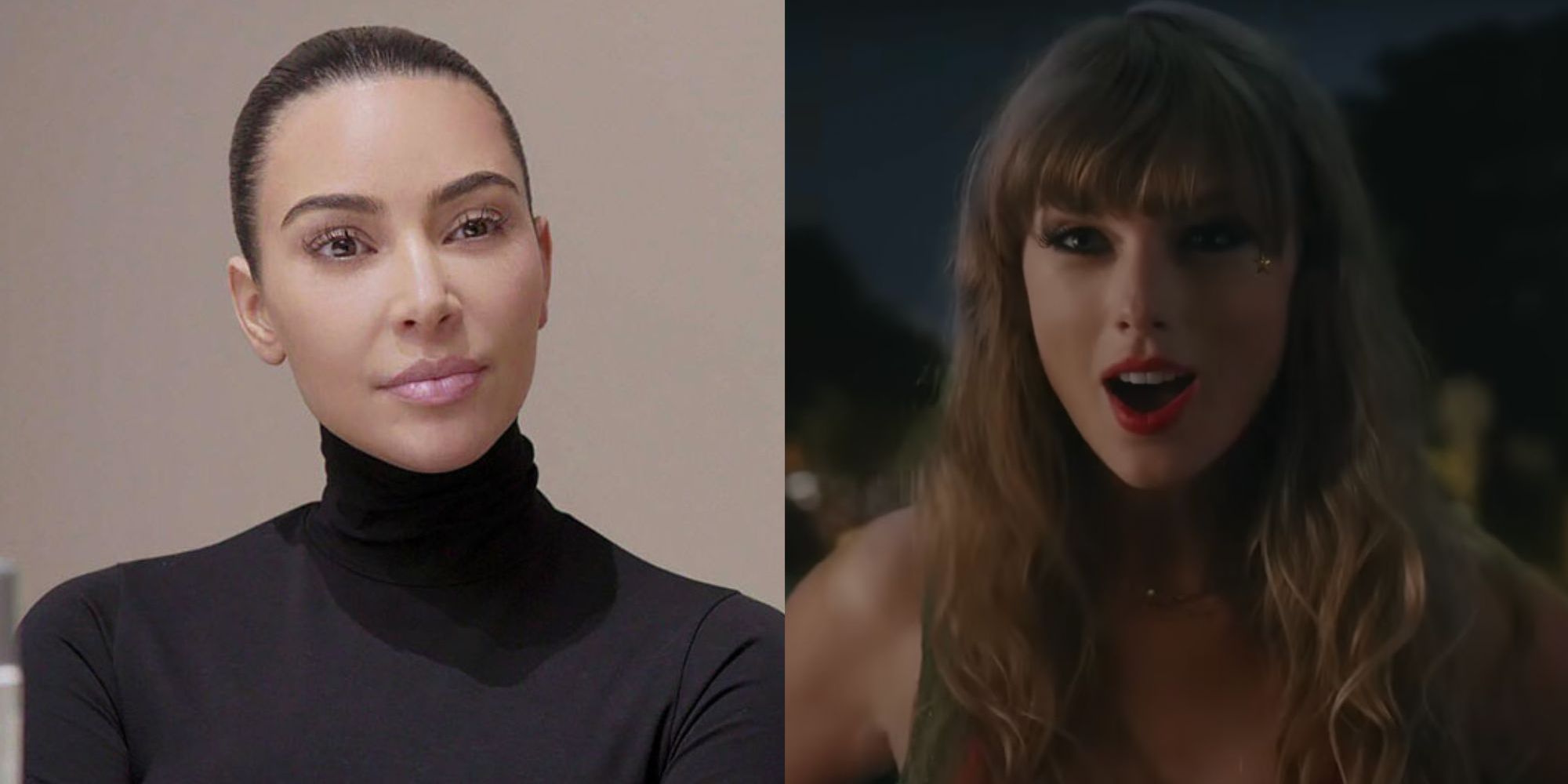 Split image of The Kardashians star Kim Kardashian and Taylor Swift from the 22Anti Hero22 music video