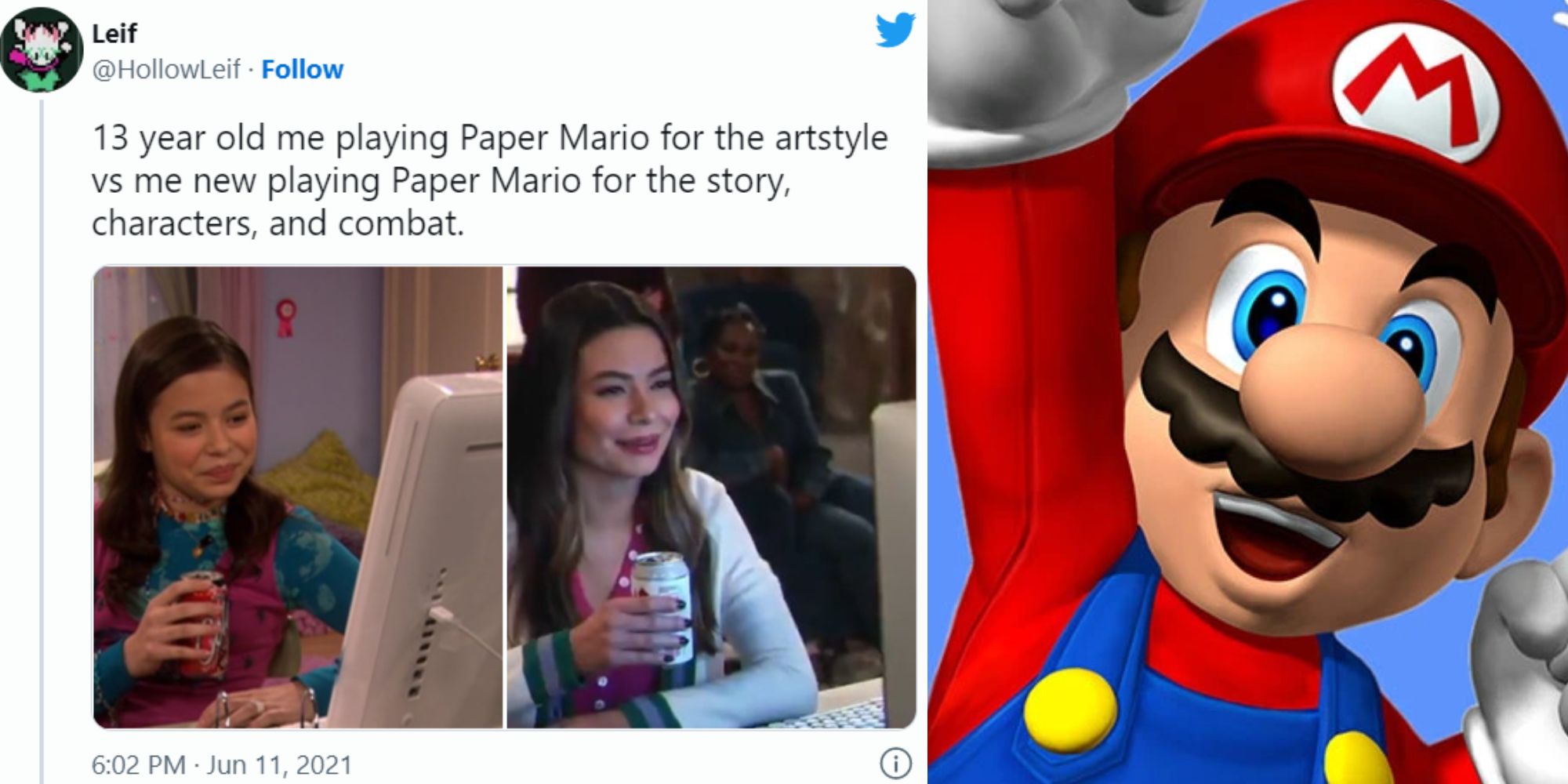 A tweet about Mario and an image of the character