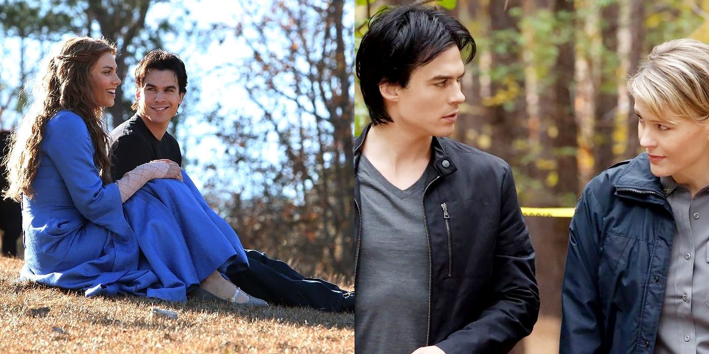 Split image of Damon sitting in a meadow with Rose and Damon and Liz walking and talking.