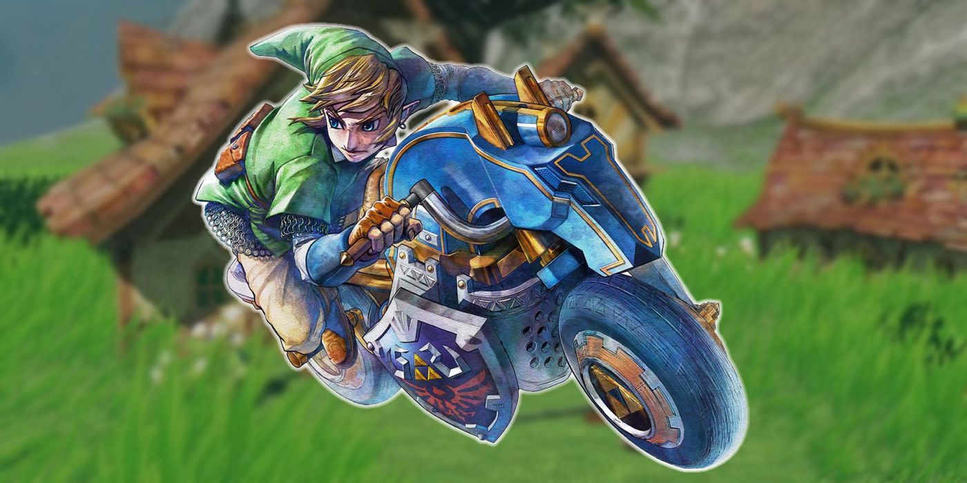 Link on the Master Cycle in front of a tiny home.