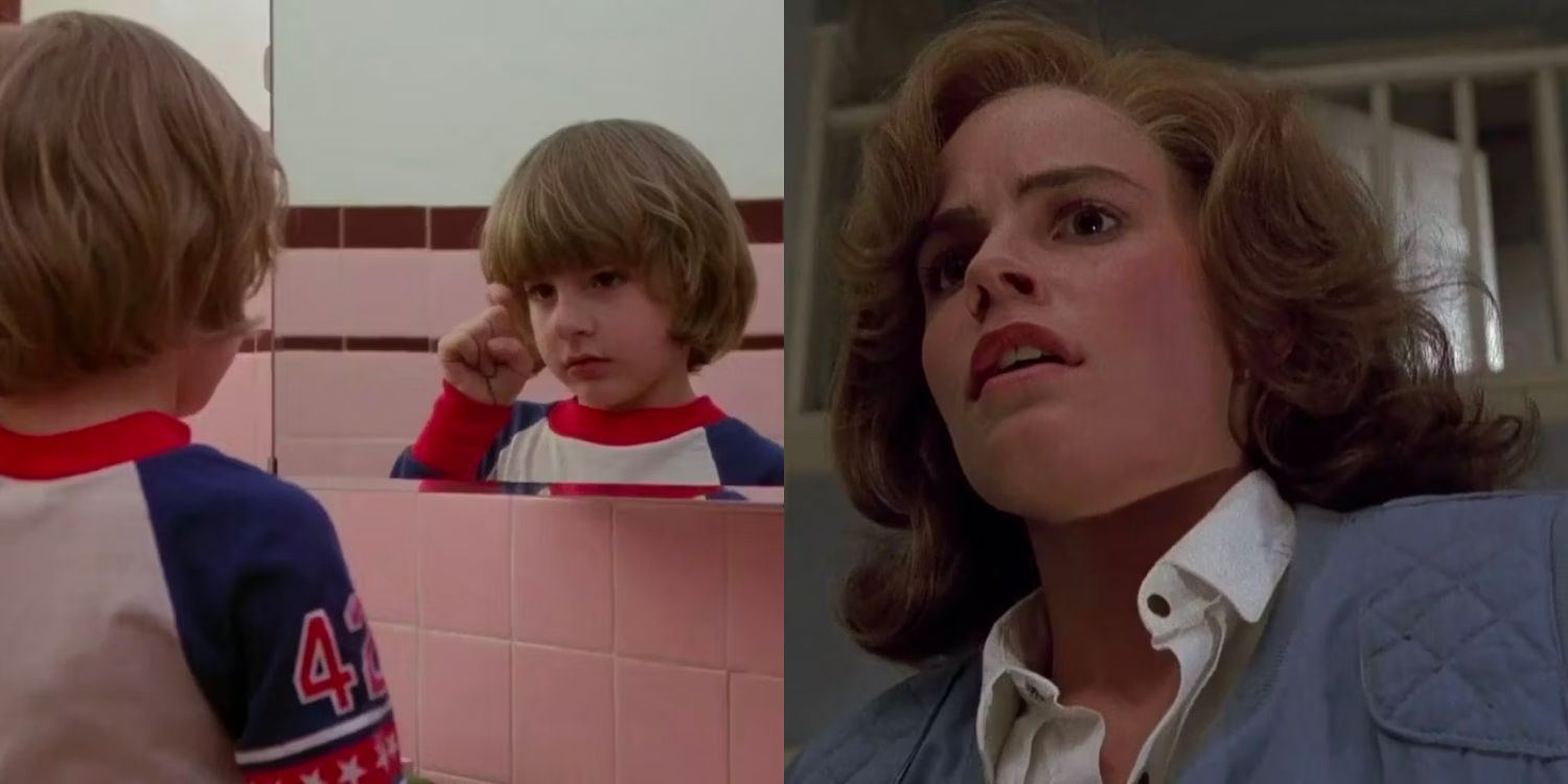 A boy looking in a mirror and a woman looking shocked