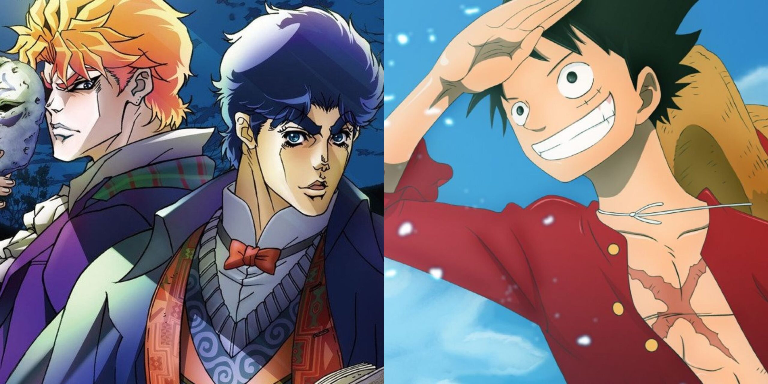Featured image poster image for JoJos Bizarre Adventure Part 1 and Luffy giving a salute in One Piece