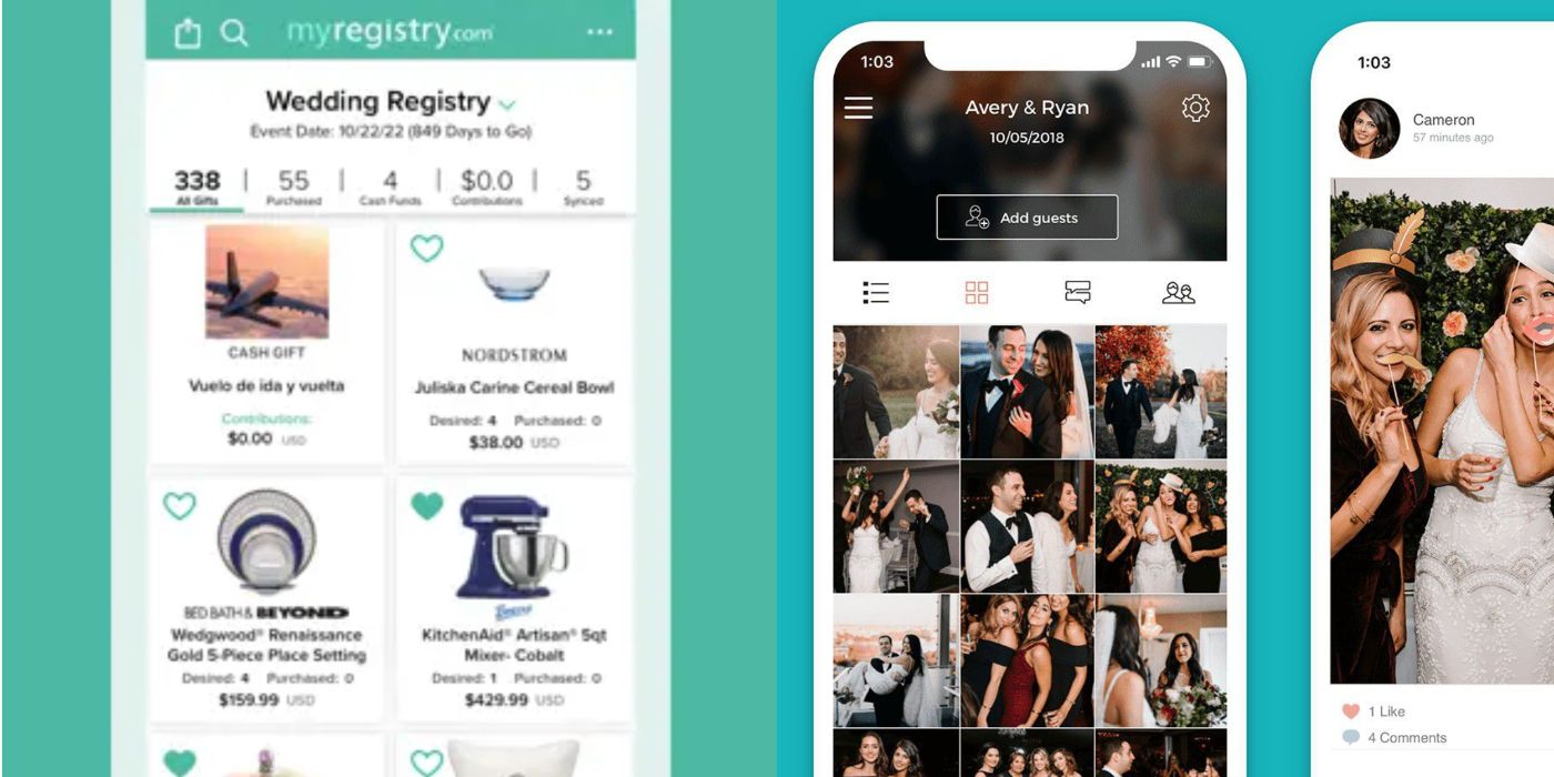 Split image of promo images for MyRegistry app for wedding registry and Guest by WeddingWire