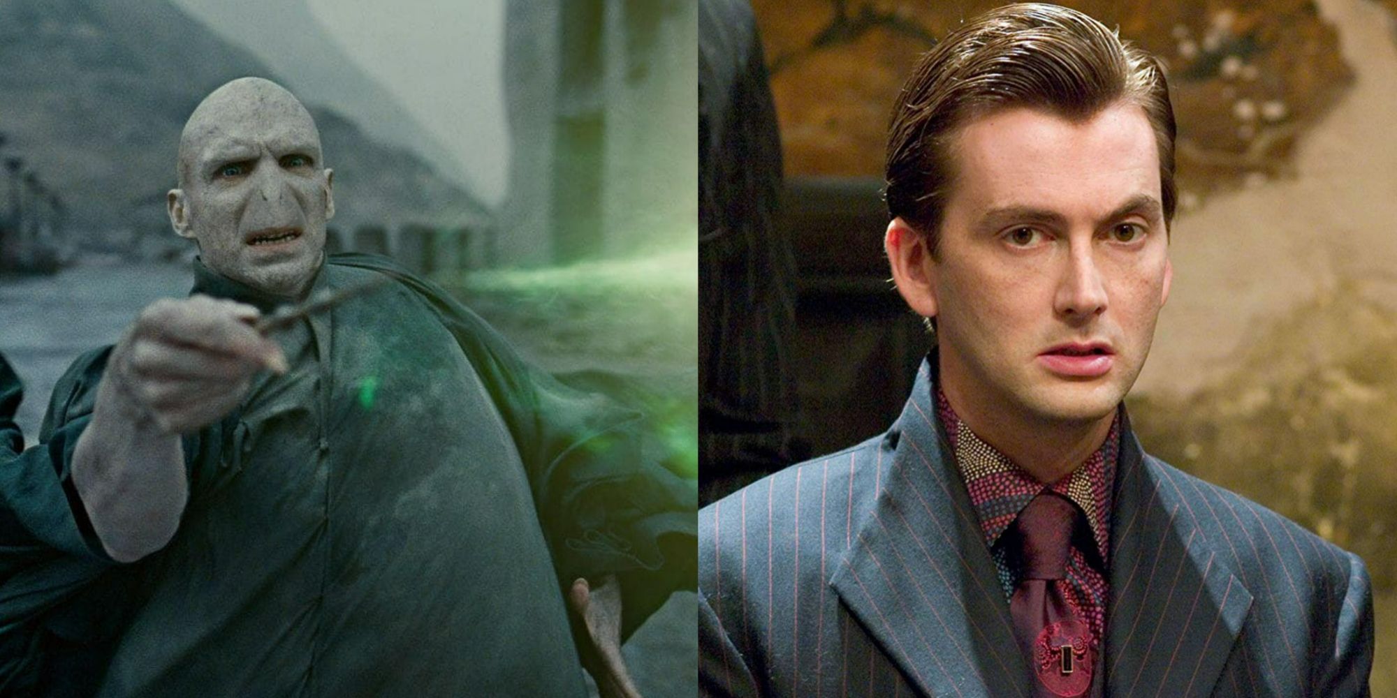 A split image showing Voldemort on the left and Barty Crouch Jr on the right from Harry Potter.