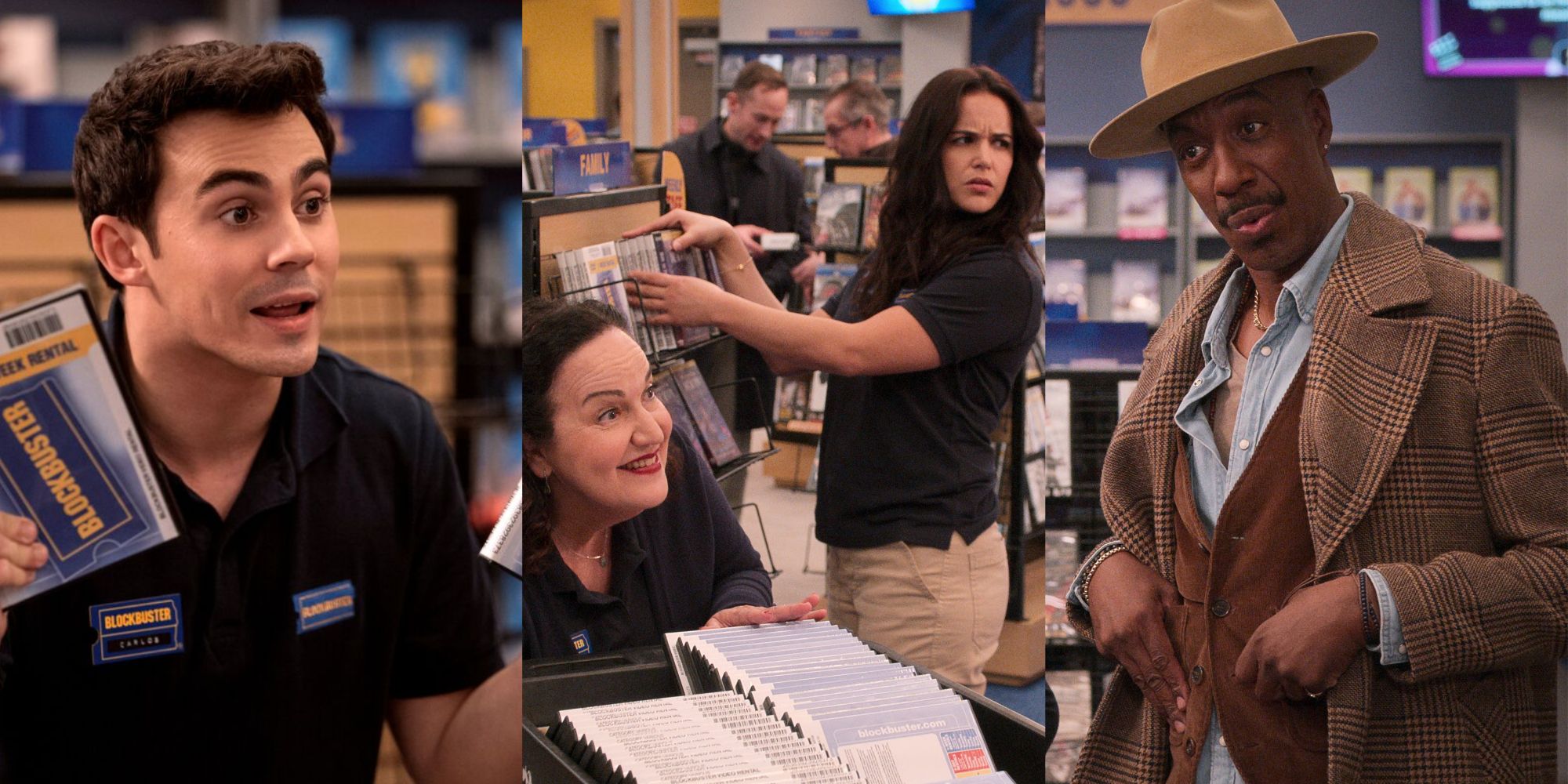 Split Image of Carlos holding Blockbuster dvds, Connie and Eliza stocking, and Percy looking pleasantly surprised