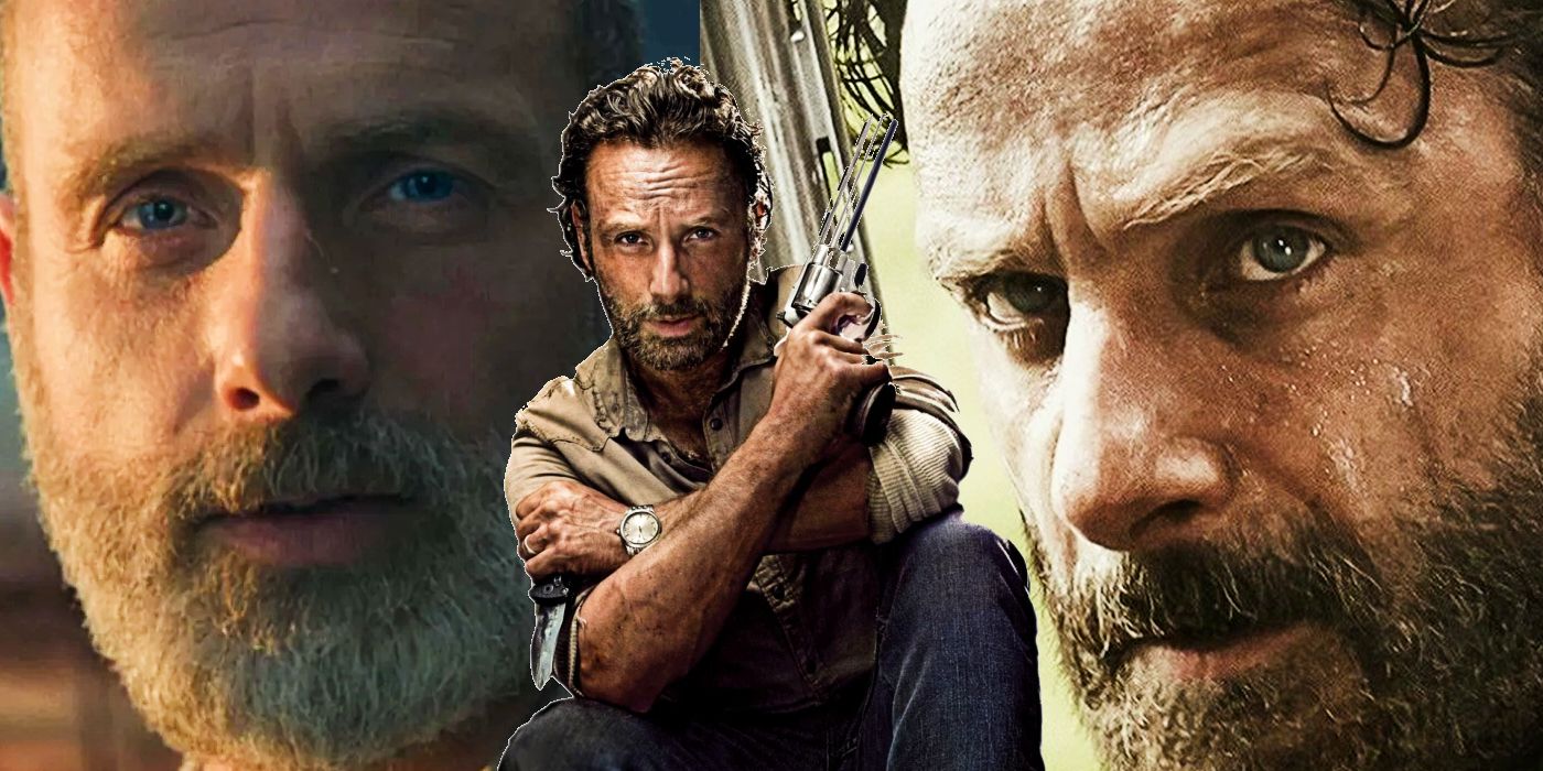 Split Image of Rick Grimes (Andrew Lincoln): Rick (season 9) stares into the distance; Rick (season 3) poses with his iconic gun in hand; Rick (Season 5) glares forward with anger in his eyes