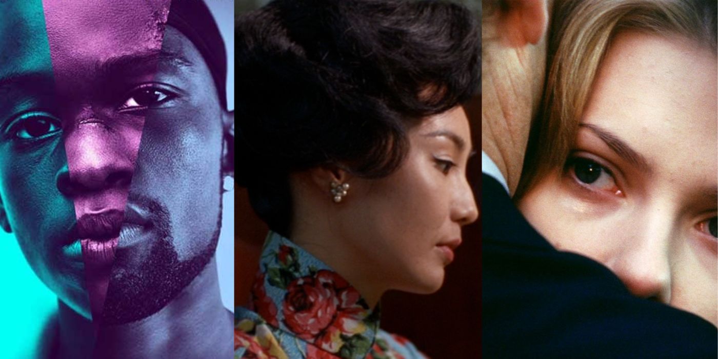Three vertical images from romantic films moonlight, in the mood for love, lost in translation