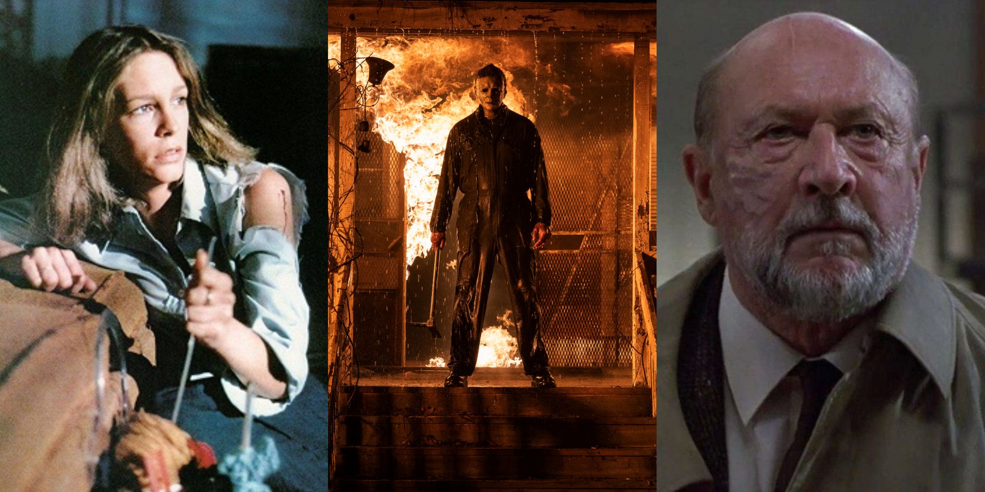 Split image of Laurie Strode, Michael Myers, and Loomis from the Halloween franchise