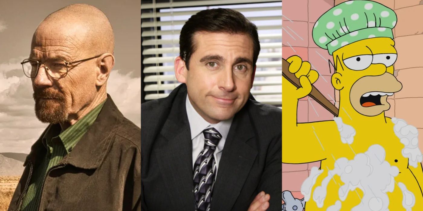 Split image of Walter White, Michael Scott and Homer Simpson