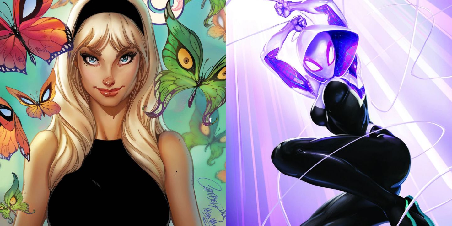 Split image of Gwen Stacy and Spider-Gwen from Marvel Comics.