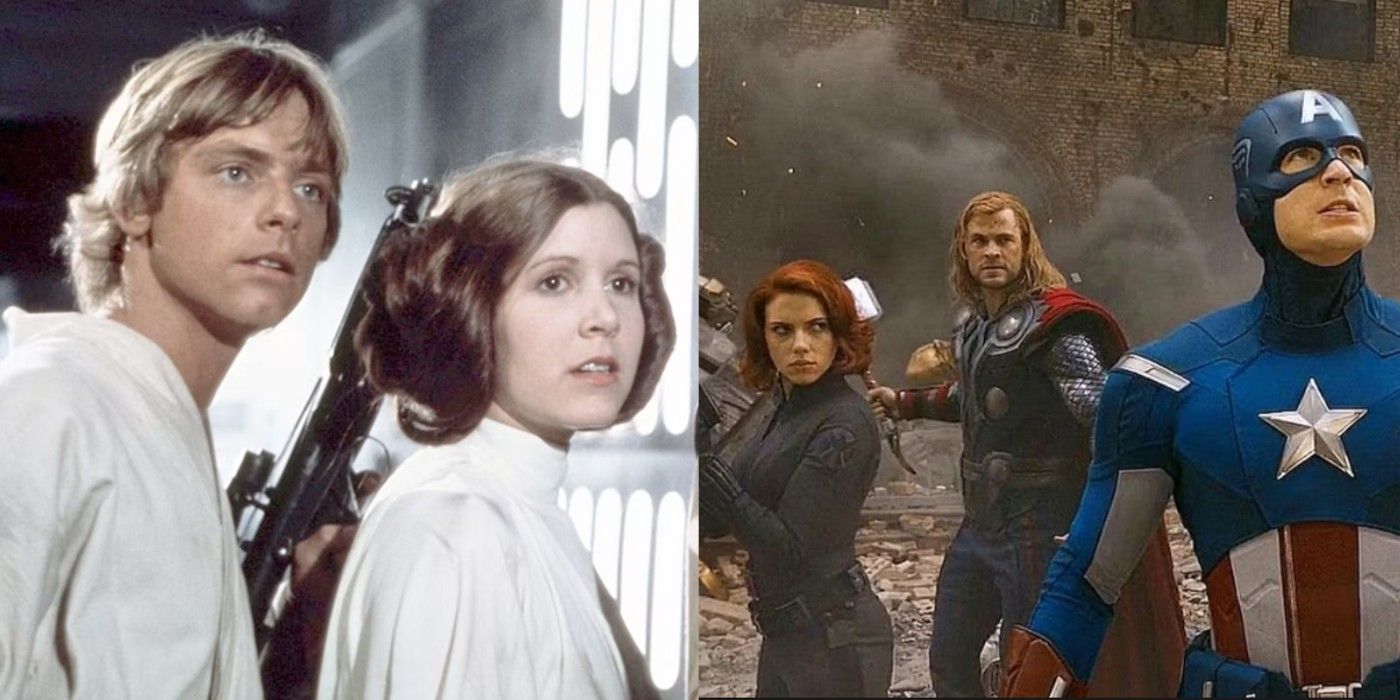 Split image of Luke and Leia from Star Wars and Black Widow, Thor, and Captain America from the MCU
