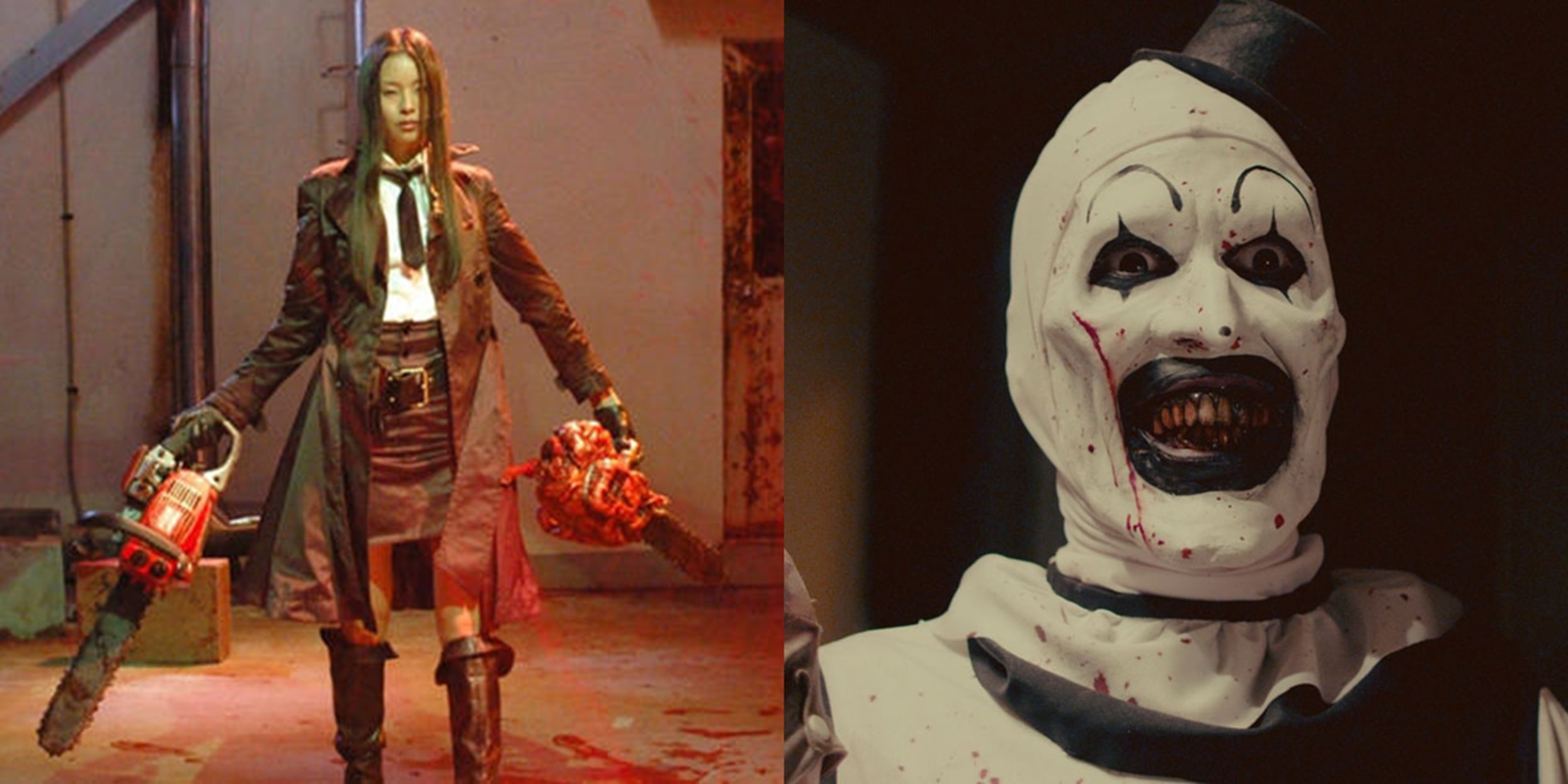 Split image of a woman with two chainsaws in Tokyo Gore Police and a clown in Terrifier 2