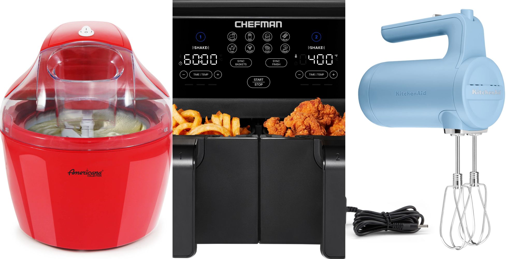 Split Image Ice Cream Maker, Air Fryer, Cordless Hand Mixer