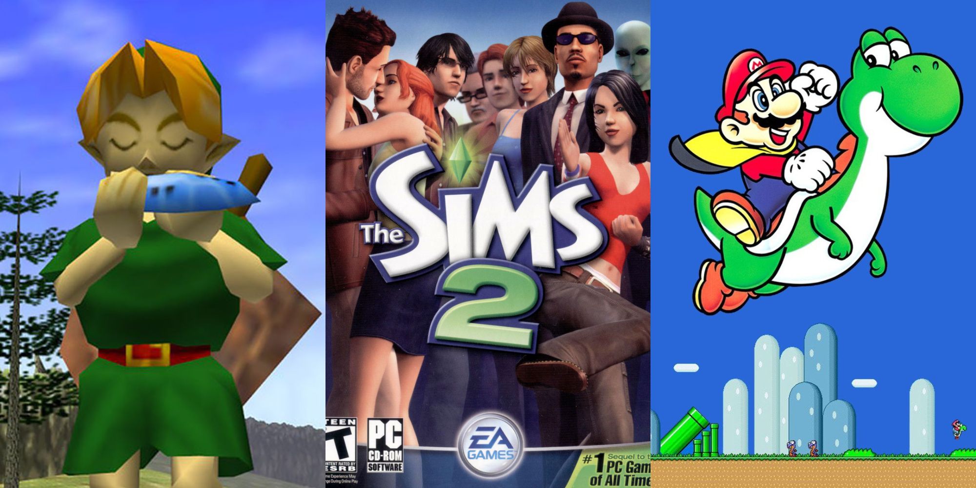 Images from Ocarina of Time, Sims 2, and Super Mario World