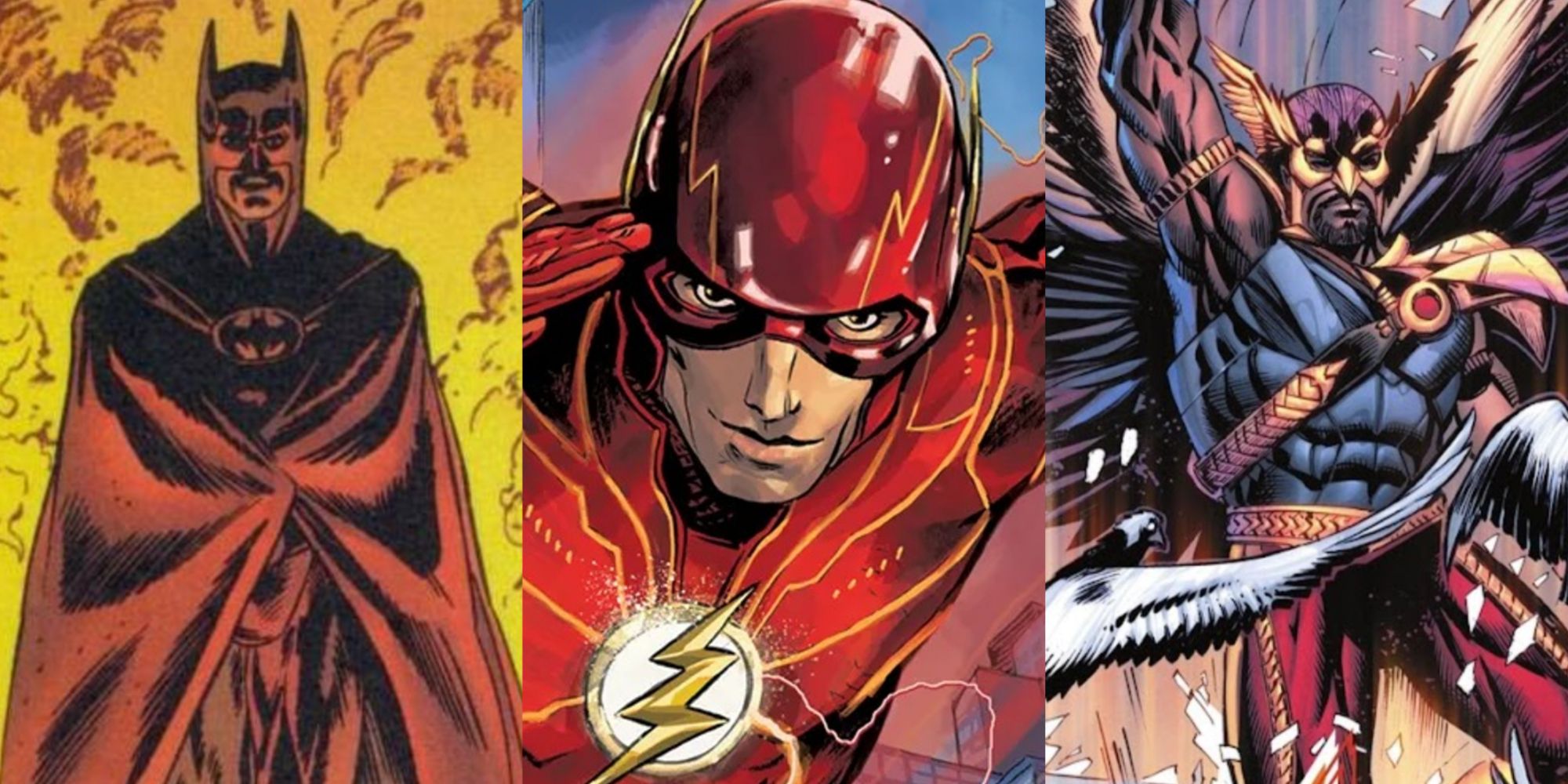 Split image of Batman, The Flash, and Hawkman in comics set in DC movie canon