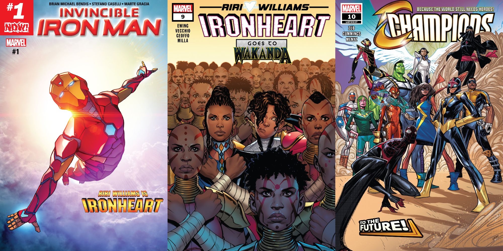 Split image of comic book covers of Invincible Iron Man #1, Ironheart #9, and Champions #10.