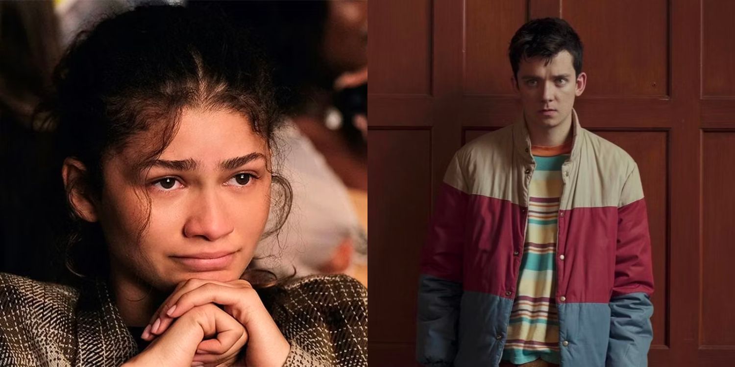 Rue leaning on her hands and Otis against a wall