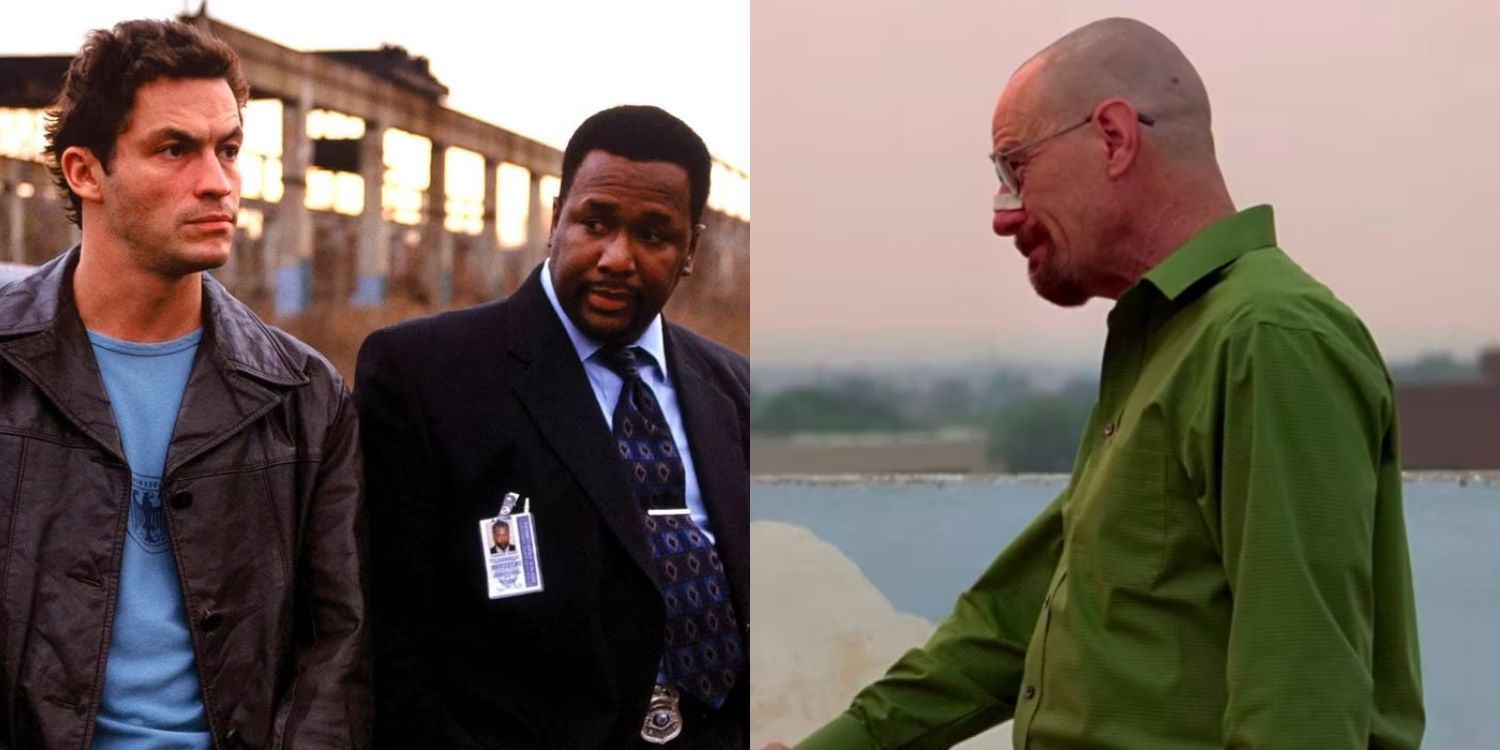Jimmy and Bunk by a car in The Wire and Walter White smiling and reaching out in Breaking Bad